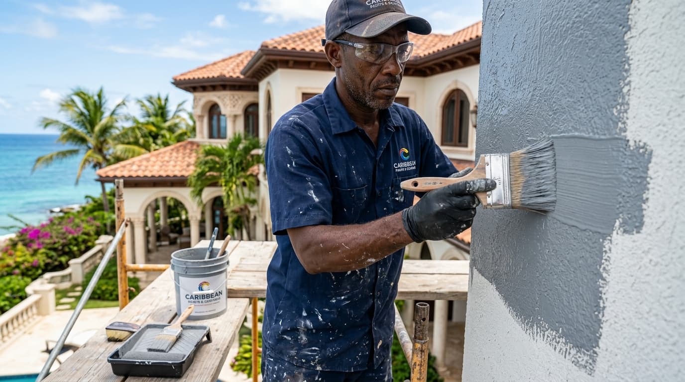 Professional painter applying architectural coating to Caribbean home exterior USVI